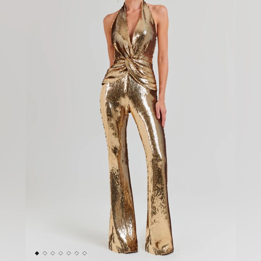 NADINE MERABI Gold Sequin Halter Jumpsuit